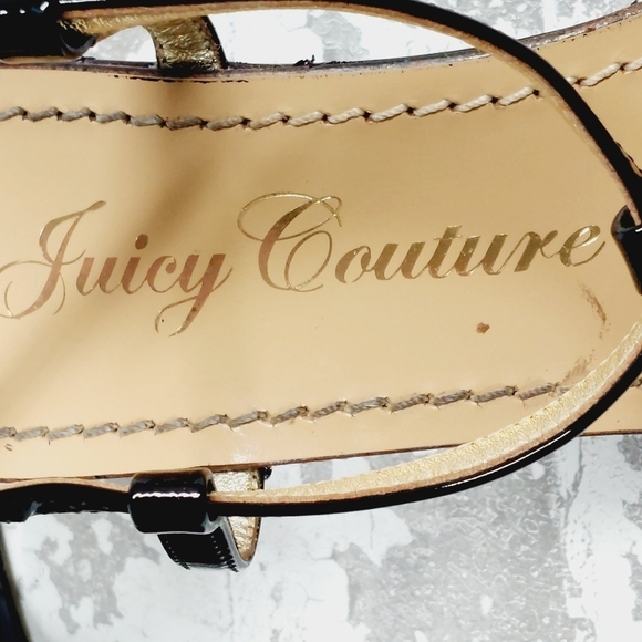 Juicy Couture Black Gold Platform Patent Leather Sandal Wedge Straps O347 - Picture 9 of 13